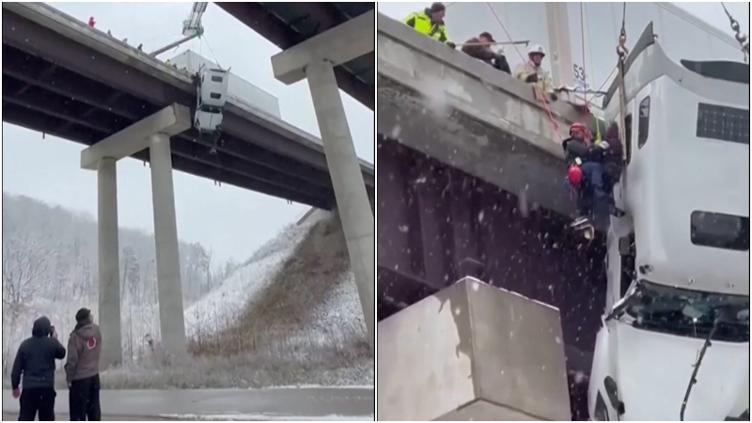Salvaron socorristas a trailero de caer al vacío en EU 🎦
