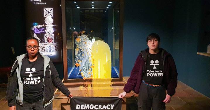 Protesters arrested after smearing custard and crumble on case holding King Charles' Crown Jewels