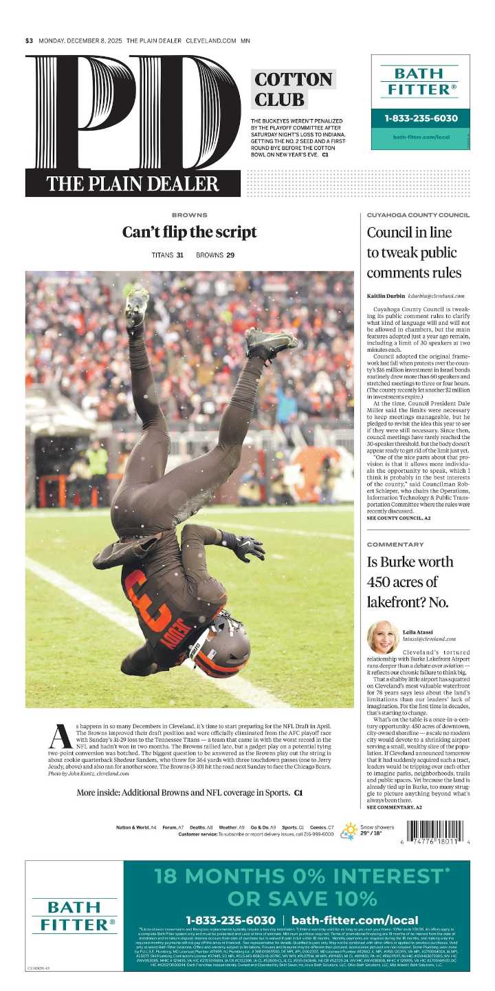 The Plain Dealer’s front page for December 8, 2025