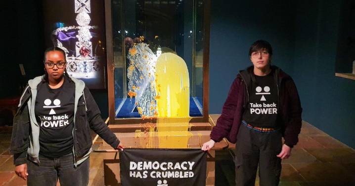 Protesters throw crumble and custard at Crown Jewels in Tower of London stunt
