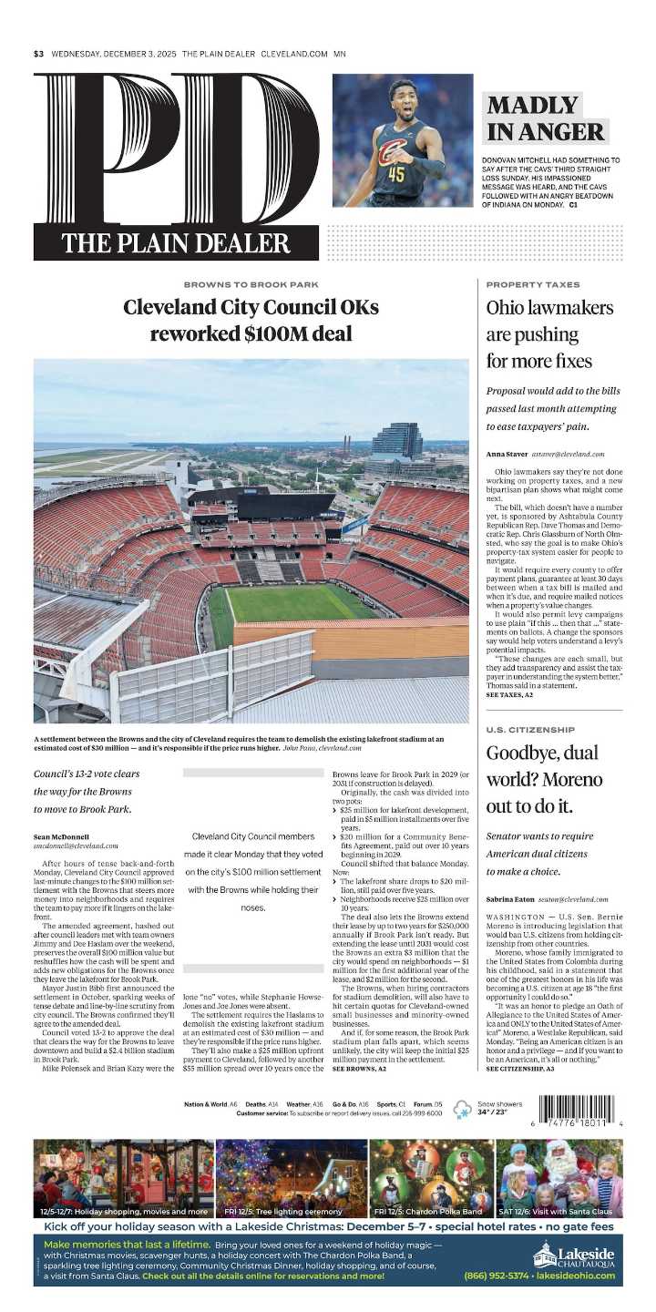 The Plain Dealer’s front page for December 3, 2025