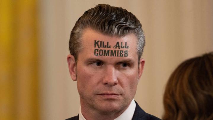 Concerns Raised As Pete Hegseth Unveils New ‘Kill All Commies’ Forehead Tattoo