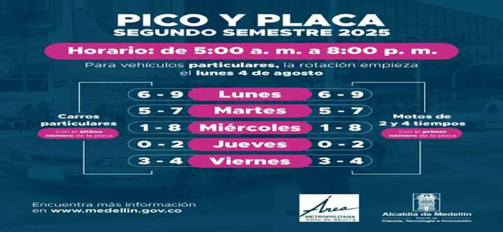 “Medellín aplica pico y placa este 4 de diciembre: conozca las placas restringidas y horarios”