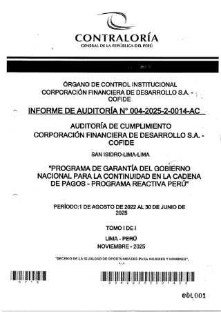 En el Programa Reactiva Perú, COFIDE no ha realizado la supervisión de la deuda impaga,  según Contraloría