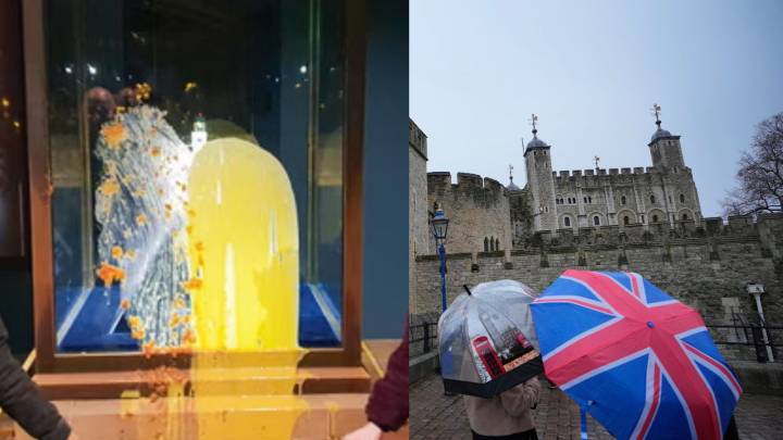 Custard and apple crumble thrown on Crown Jewels case at Tower of London, four arrested