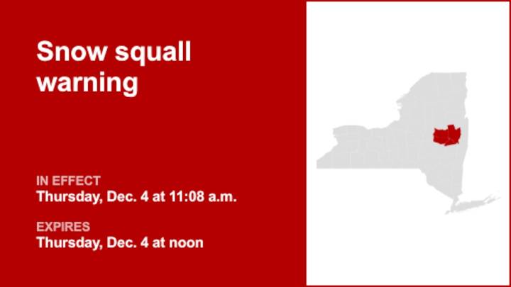 NY weather: Snow squall warning issued for part of New York Thursday midday