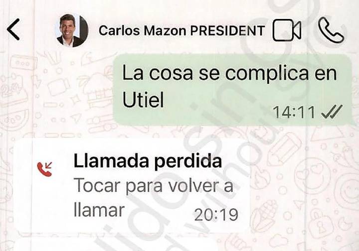 El WhatsApp de Pradas a Mazón justo antes de la comida en El Ventorro: «La cosa se complica en Utiel»
