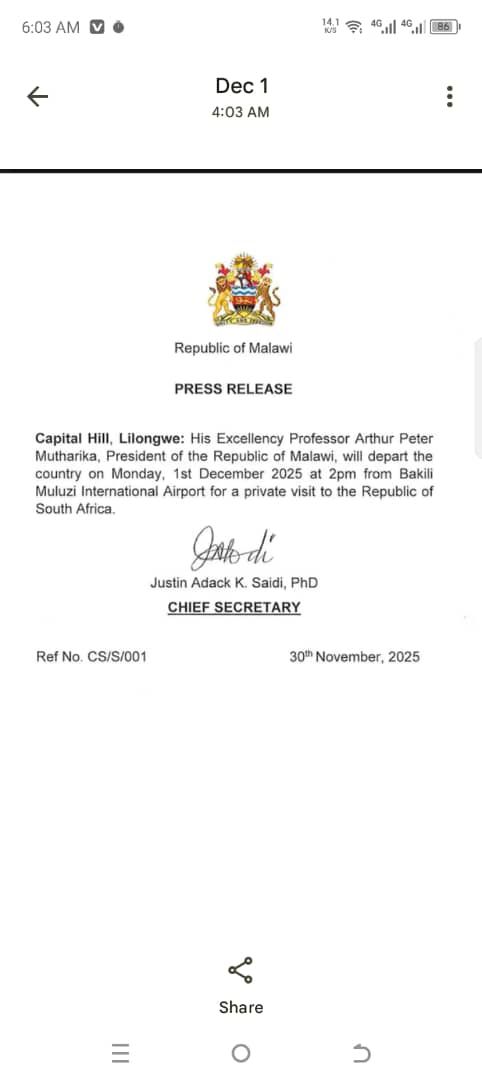 President Peter Mutharika Set to Embark on Private Visit to South Africa