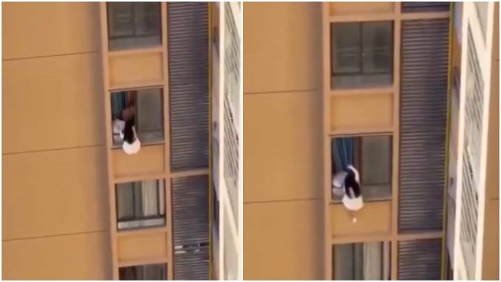 Woman dangles from 10th-floor balcony while hiding from lover's wife in China