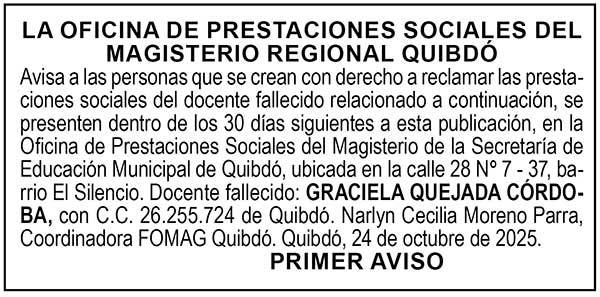 Edicto 1er. aviso Graciela Quejada Córdoba