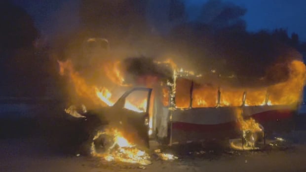 Calgary Transit shuttle bus bursts into flames on busy road