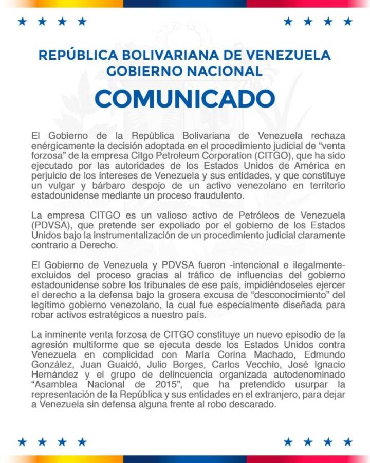 Venezuela no reconoce “venta forzosa” de Citgo y tomará medidas (comunicado)