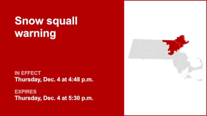 Snow squall warning affecting Essex and Middlesex counties early Thursday evening