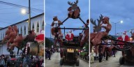 Convierten retroexcavadora en trineo de Santa Claus y se hacen virales en El Naranjo, San Luis Potosí