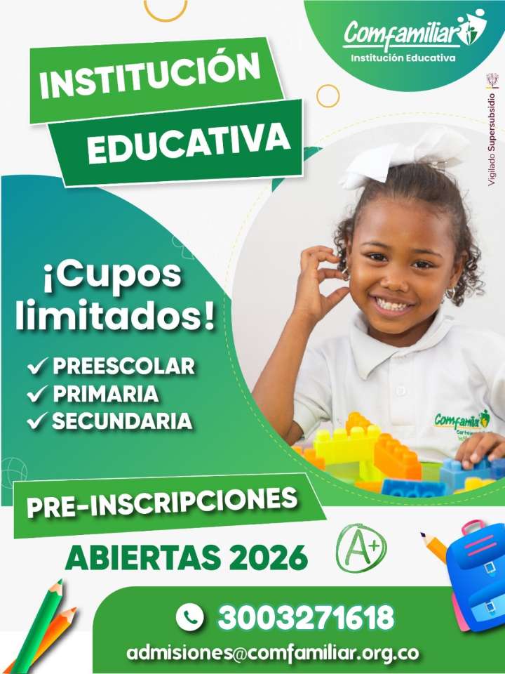 Institución Educativa Comfamiliar Cartagena abre inscripciones para 2026