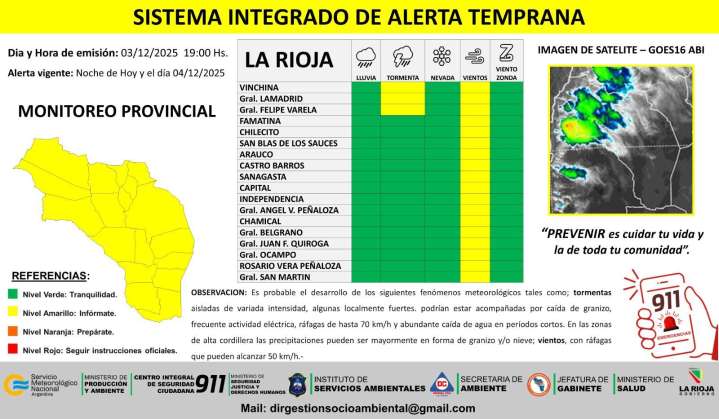 Difunden alerta amarilla por tormentas para tres departamentos