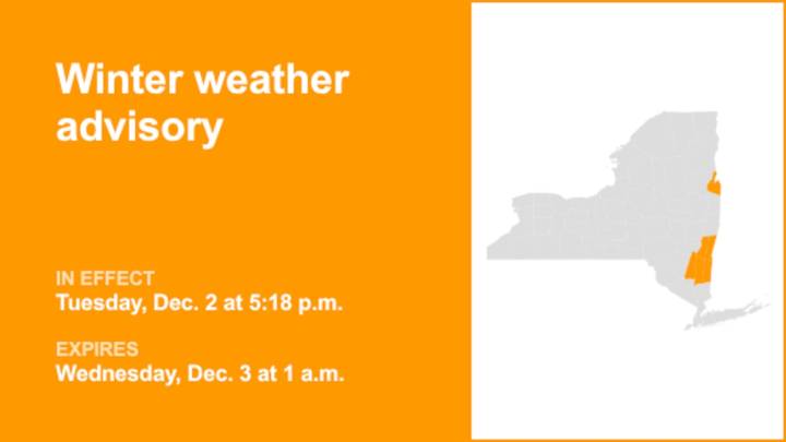 NY weather: Winter weather advisory issued for part of New York until 1 a.m. Wednesday