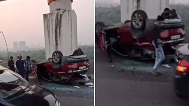 Mumbai: Speeding Car Turns Turtle After Crashing Into Divider Near Bandra Reclamation, Causes Traffic On WEH; Video