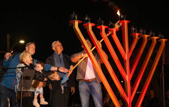 Menorah lights the night at the Seal Beach Pier ahead of Hanukkah