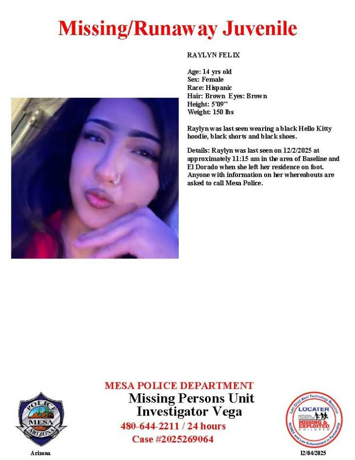 Raylyn Felix, 14, missing from Mesa, police say