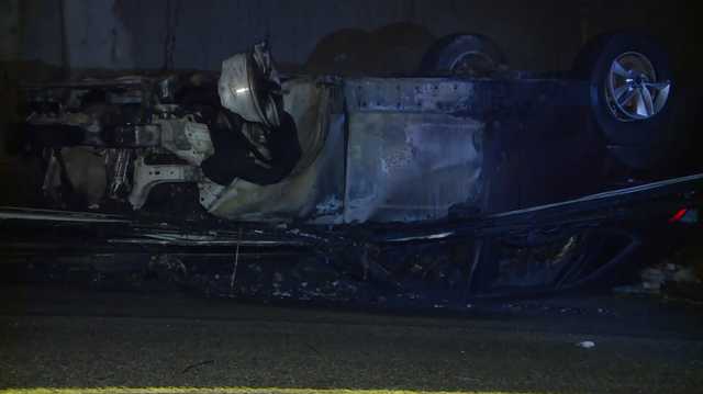 Overnight crash brings down wire, car catches fire in Riverside