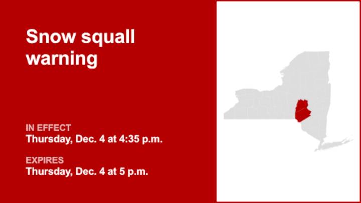 NY weather: Snow squall warning in place for Delaware and Otsego counties early Thursday evening