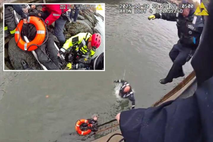 Dramatic video shows NYPD officers jumping into 'freezing water' to rescue man
