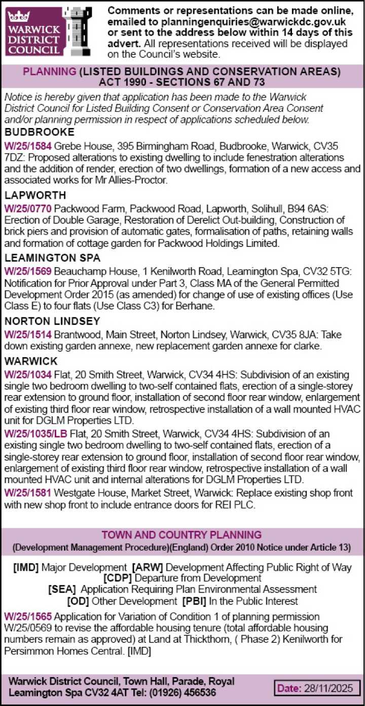 Weekly planning notices - Warwick District Council | Public Notices 