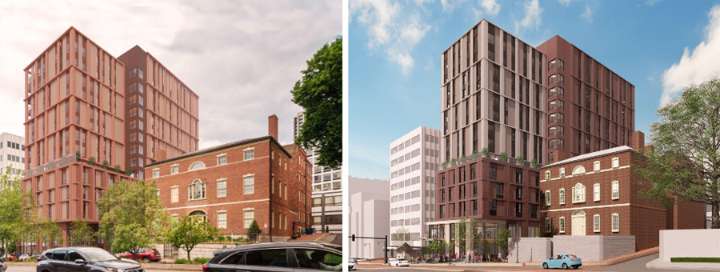 Color scheme changed for proposed library/apartment tower to lessen visual impact on neighboring historic building, but increase visibility of BPL branch