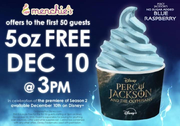 Menchie’s celebrates Disney’s ‘Percy Jackson’ with free yogurt & toppings, Dec. 10