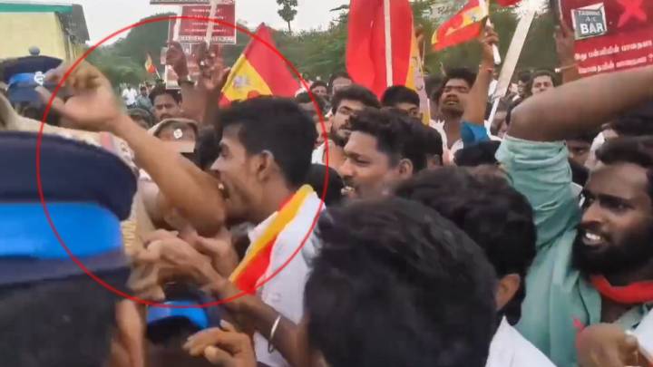 Caught on camera: Vijay's party cadre tries to bite police officer during protest