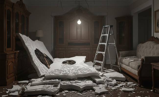 Man killed in flat ceiling plaster crash, wife and son hurt