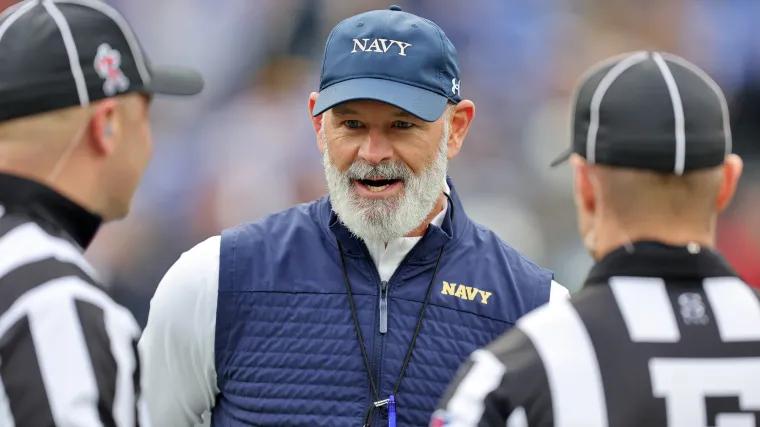 Brian Newberry reacts after Navy survives Army by one point