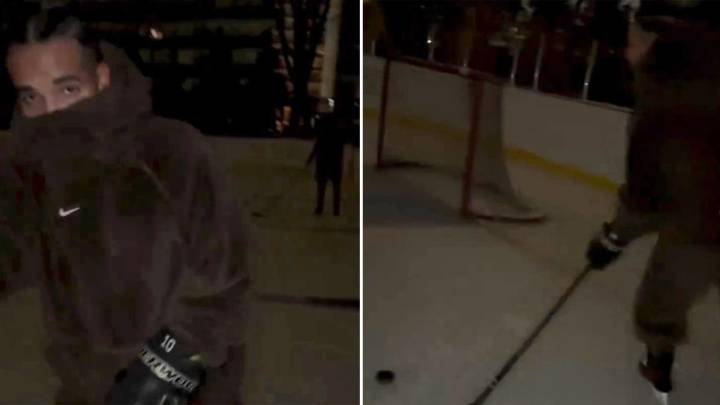 Drake shows off his hockey skills on outdoor rink