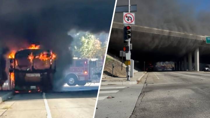 Electric school bus burns under freeway overpass
