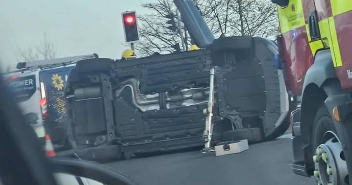 Three people rushed to hospital after crash at Moor Farm roundabout which involved overturned car