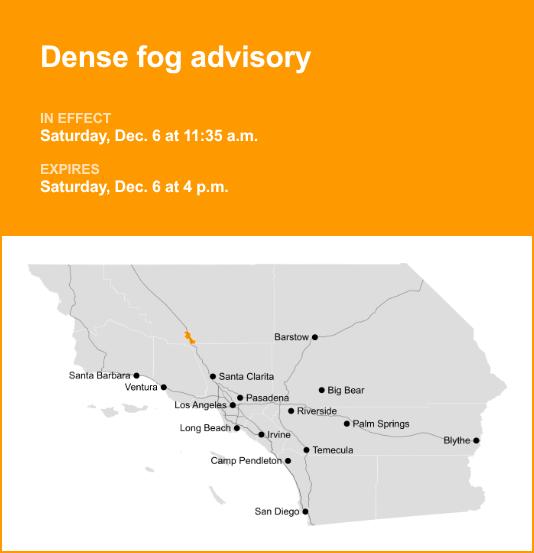 Dense fog advisory active for 5 freeway through Grapevine until early Saturday evening