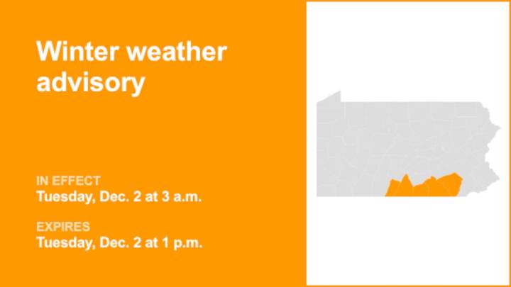 Winter weather advisory active for South Central Pa. Tuesday