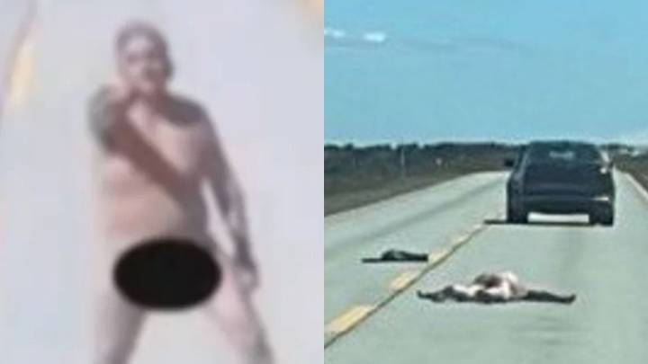 Filmaron a un hombre desnudo atacando varios autos en una ruta en Chile