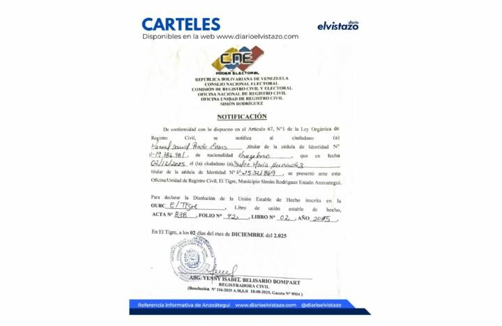 Cartel de Disolución de Unión Estable de Hecho del Registro Civil del municipio Simón Rodríguez en atención a Manuel David Prado Evans y Dulce María Hernández