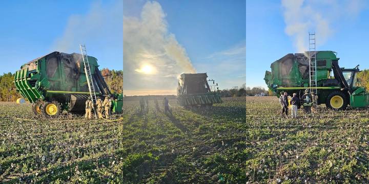 Cotton harvester fire prompts multi