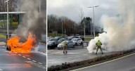 Taxi bursts into flames at train station as driver drops off passenger