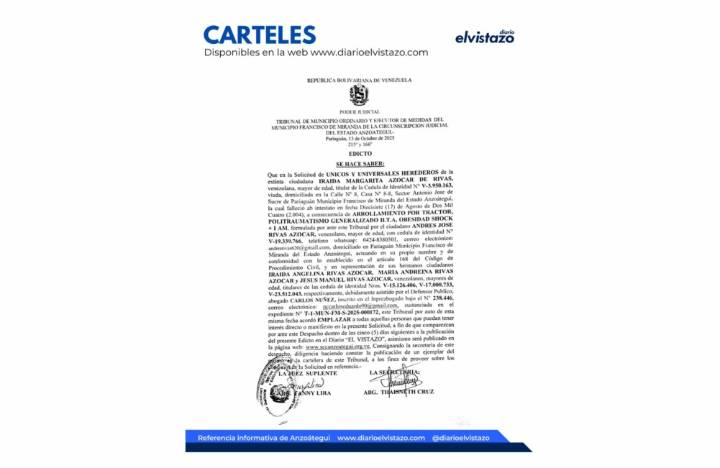 Edicto del Tribunal Municipal del municipio Francisco de Miranda, en atención a la solicitud de Declaración de Únicos y Universales Herederos de Iraida Margarita Azócar de Rivas