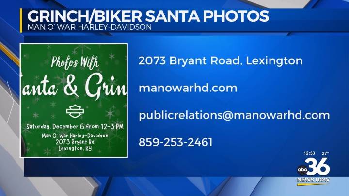 Get free pictures with Biker Santa and The Grinch at Man O War Harley