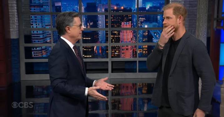 Prince Harry Booed for Taking Jabs at Donald Trump During Cringey 'Late Night' Skit With Stephen Colbert
