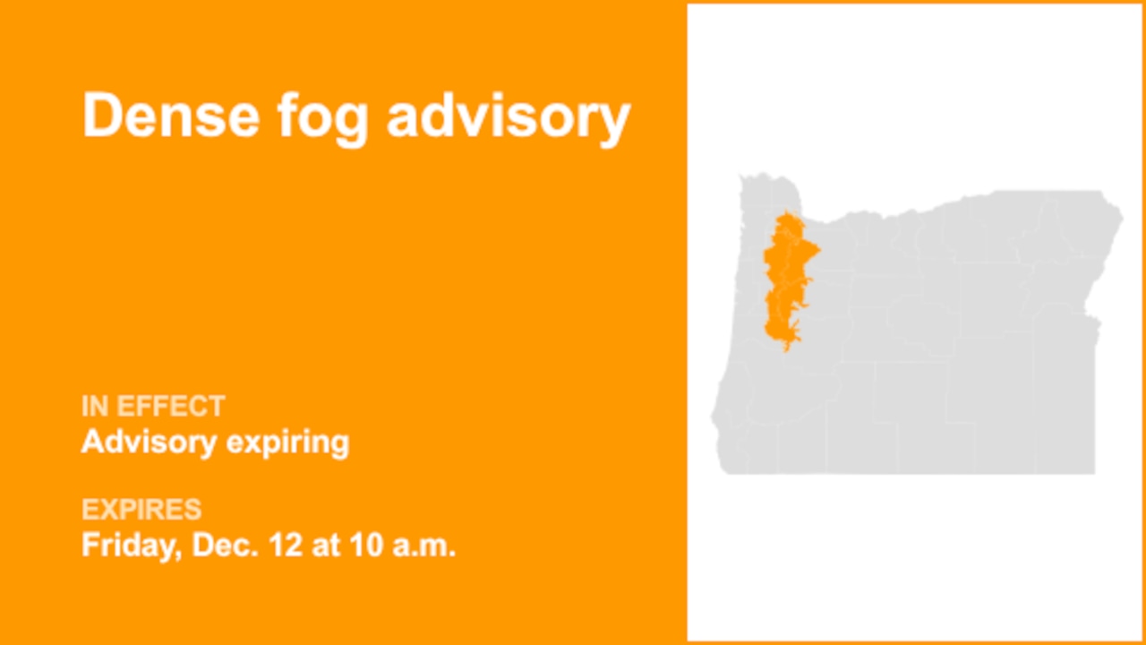 The current dense fog advisory for Willamette Valley will be expiring at 10 a.m.