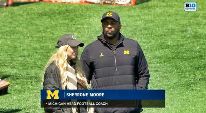 Incriminating Live TV Footage Resurfaces Of Sherrone Moore Chilling On The Sideline With His Mistress [VIDEO]