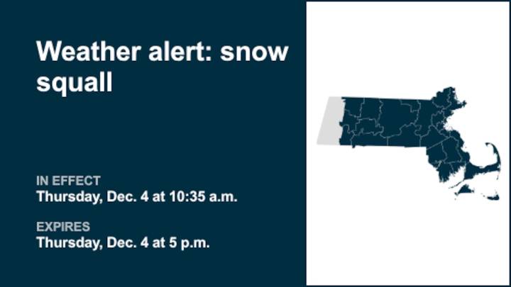 Weather alert announced for snow squall and winds in 13 Massachusetts counties until early Thursday evening