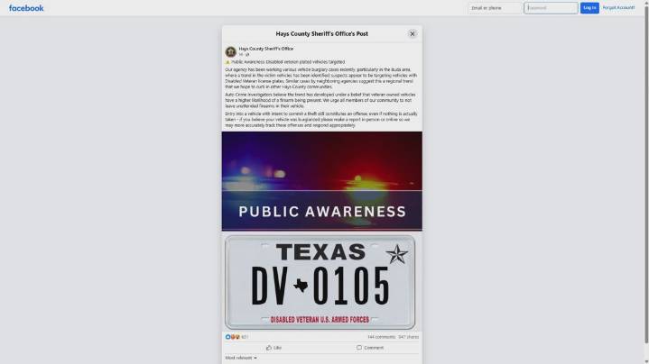 Hays County authorities issue warning to disabled veterans about their license plates