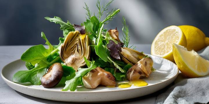 Ensalada verde con alcachofas y champiñones, un platillo con nutrientes y vitaminas